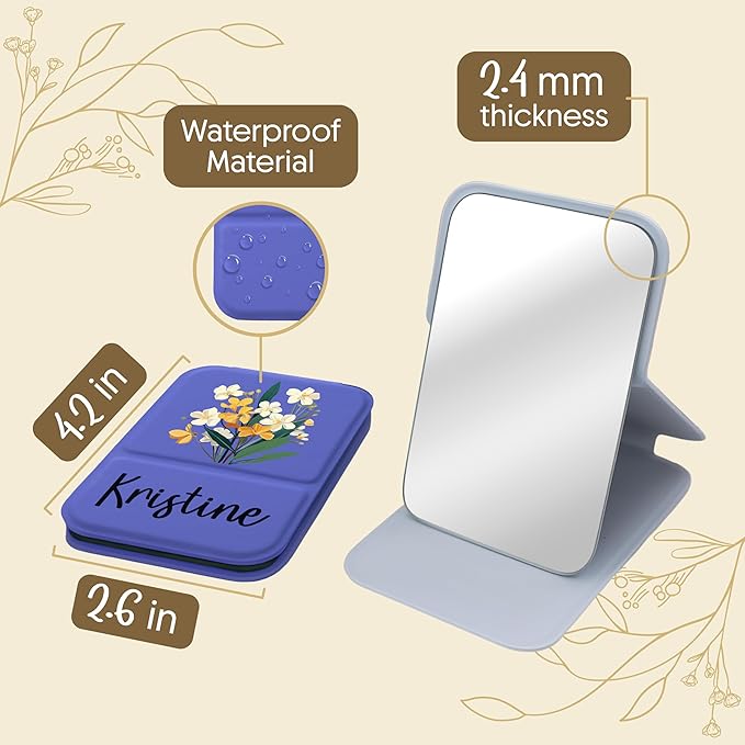 Personalized Birth Flower Month Travel Makeup Mirror for Women | White Birth Flower and Name UV Painting |Custom Small Portable Travel Pocket Mirror Birthday Gifts for Women, Mom, Girl