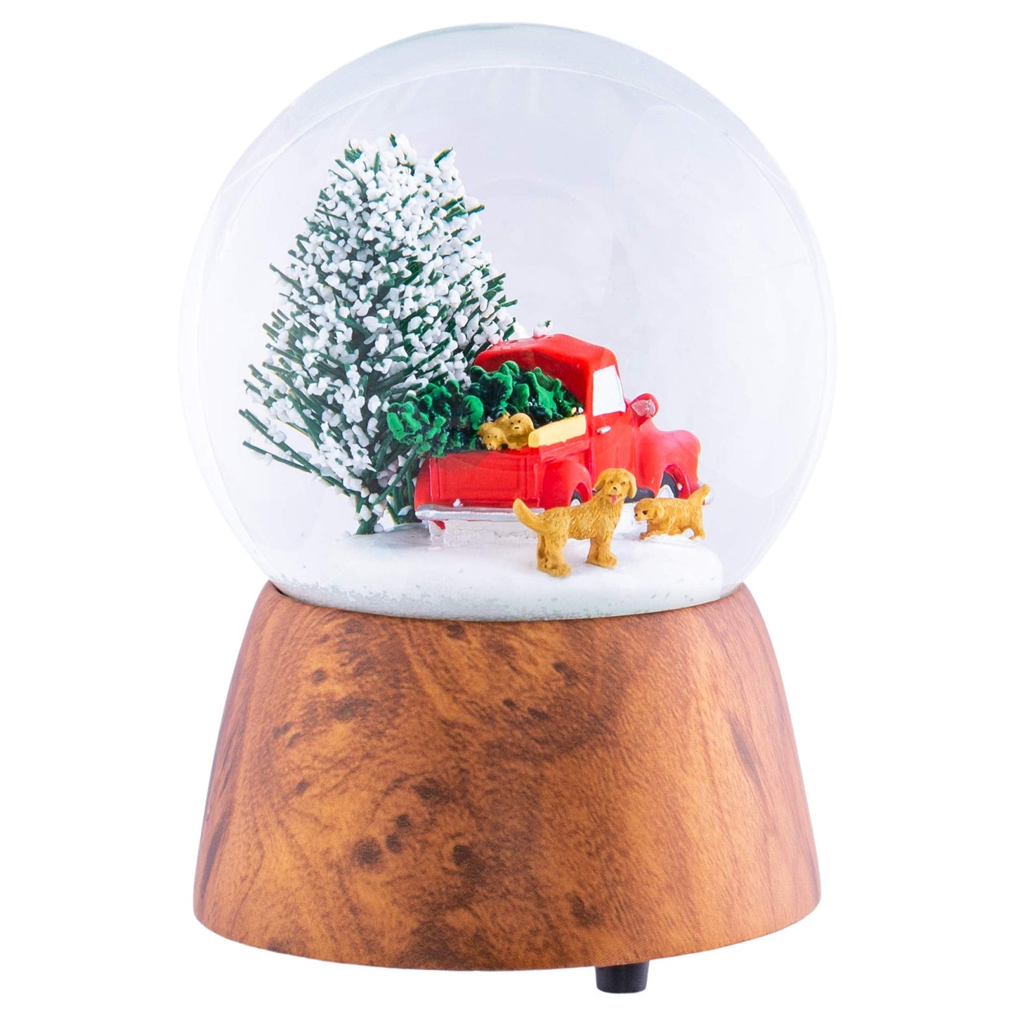 Red Truck With Dogs Cherry Woodgrain 6 x 4 Resin and Metal Holiday Musical Snow Globe