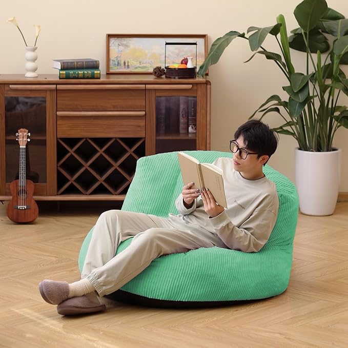 N&V Large Crescent Bean Bag Chair, Adult Size Bean Bag Sack, Foam Filling, Soft Premium Corduroy Bean Bag for Living Room Bedroom Dorm and Office (Mint)