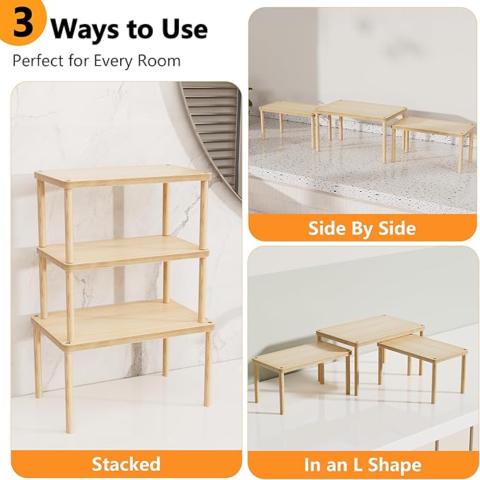 Cabinet Storage Organizer Shelf, Set of 3 Kitchen Cabinet Shelves, Stackable Cabinet Risers, Wood Spice Rack for Countertop, Under Sink, Bathroom, Pantry Organization with Non-Slip Mat