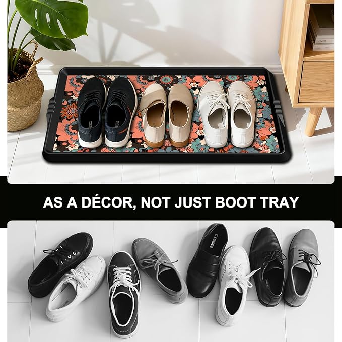 BEHERO Boot Tray Shoe Mat Decorative Patterned, Rubber Shoe Matt Tray Indoor/Outdoor Use, 16" x47.5" Shoe Cleaning Mat Non-Slip, Shoe Storage Waterproof Flower Prints for Entryway, Sunlit Blossom