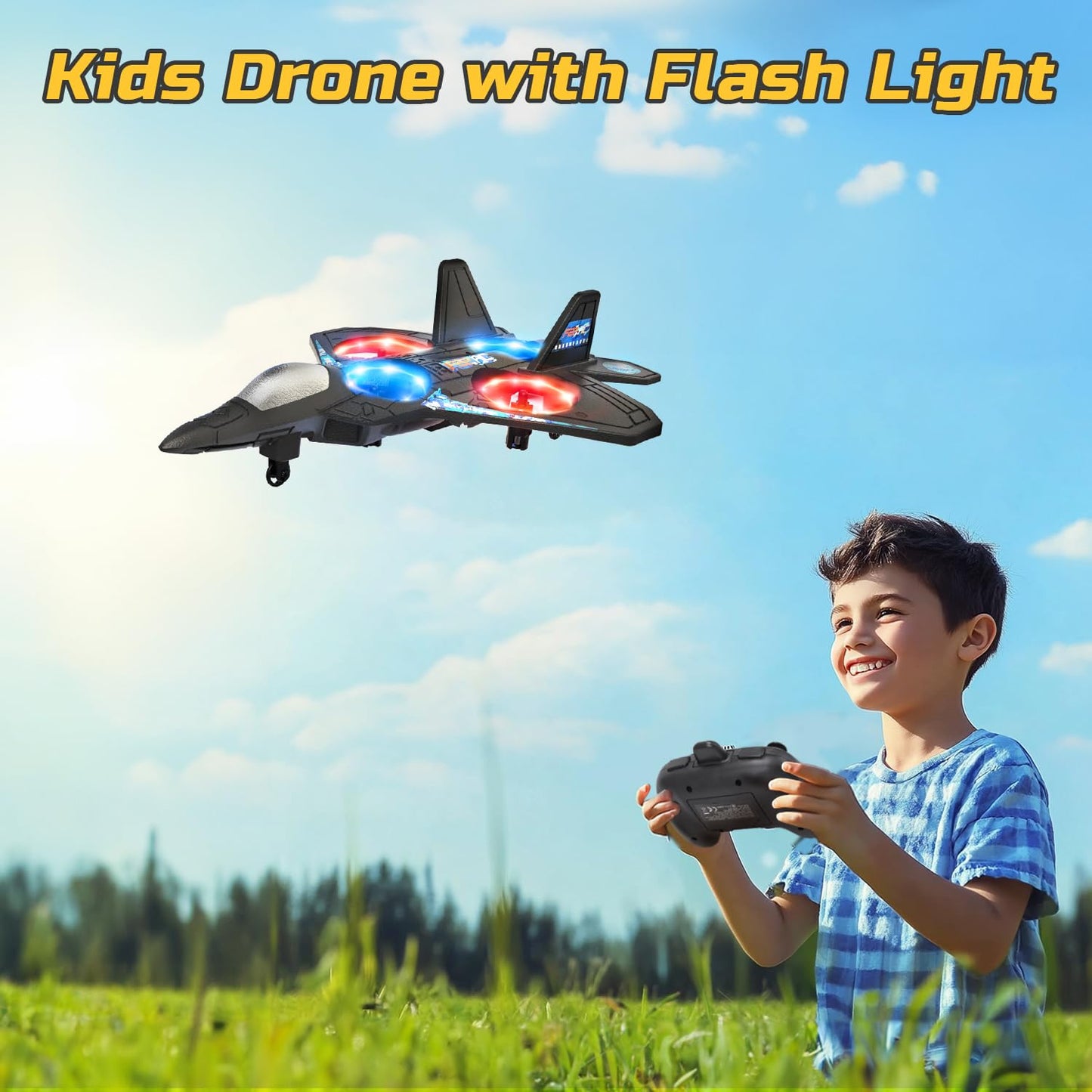 Foam RC Plane Drone for Kids, Remote Control Airplane Fighter Jet with LED Light, Auto Hover, 360°Flip, 2 Batteries (16 Mins Flight), Easy to Fly for Beginners