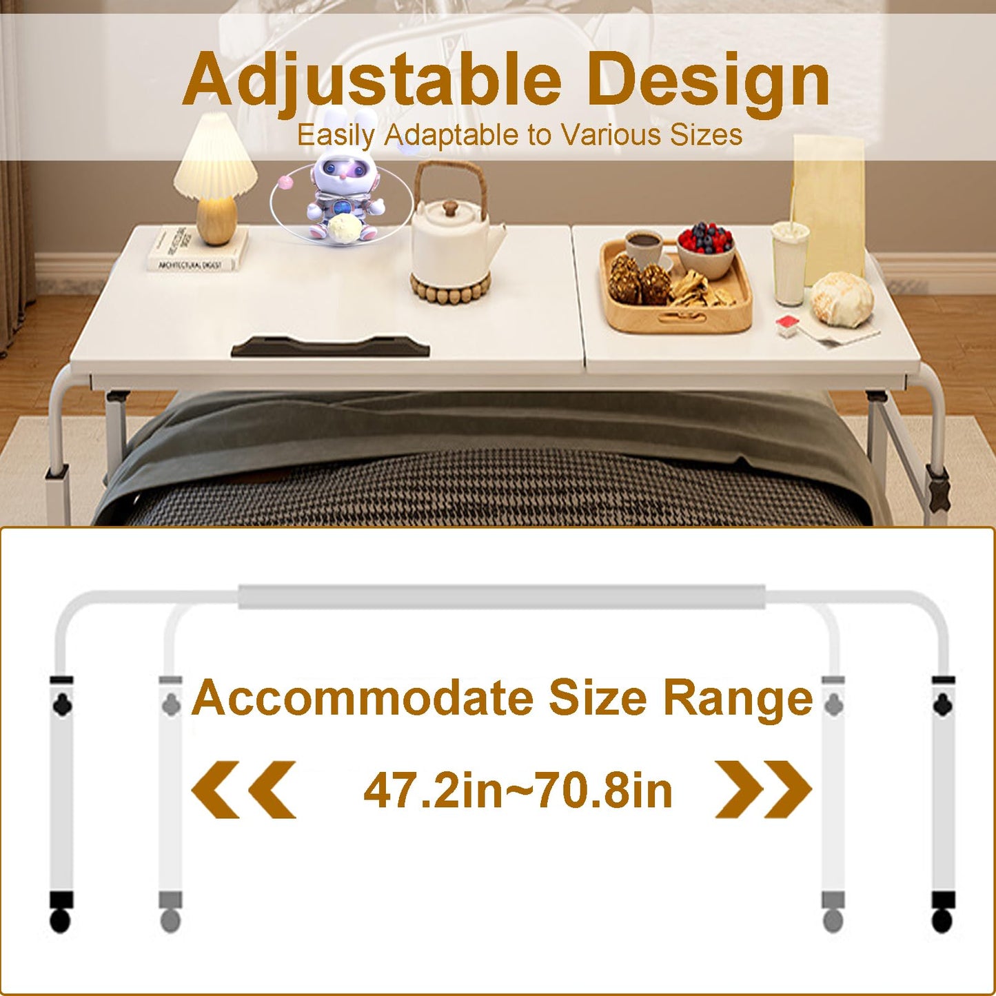 ApexRoam Overbed Desk with Wheels, Adjustable Height Over The Bed Table, King Queen Mobile Over Bed Desk, Overbed Table with Tiltable Tabletop for Laptop and Bedroom Work (White, 47 * 16IN Tiltable)