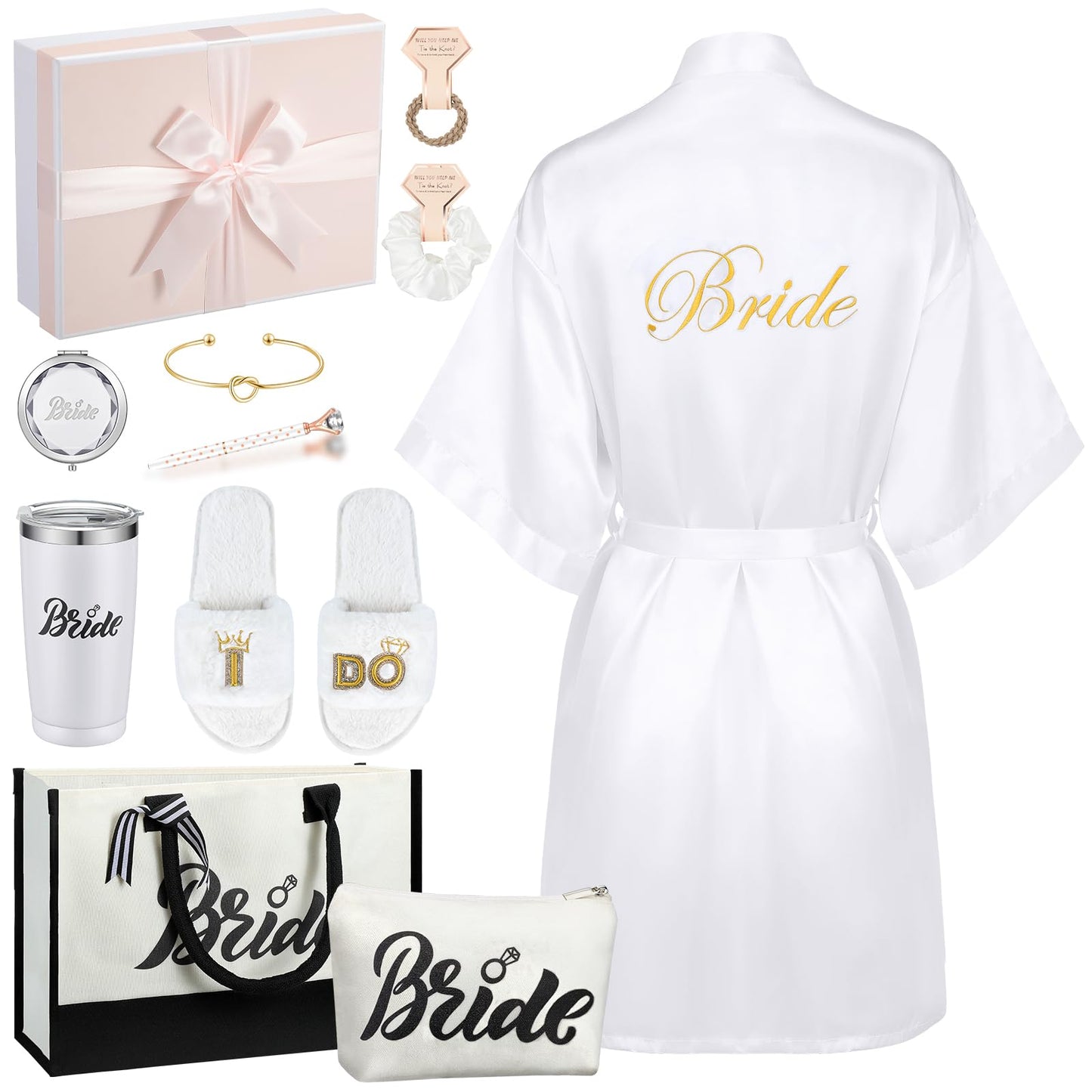Berlune 14 Pcs Bride Gifts Box Sets Short Satin Robes Canvas Tote Bag Stainless Steel Tumbler Slippers for Wedding