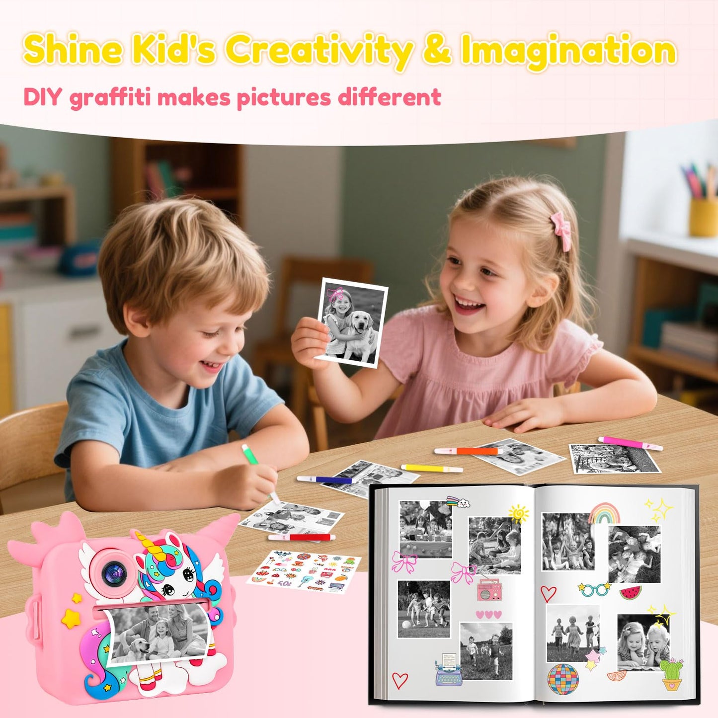 OTJ Kids Camera Instant Print - Selfie Children Digital Camera Toy That Print Photos Christmas Birthday Gifts for Ages 3-12, 4 5 6 7 8 9 10 Year Old Girls Toddler, Travel Portable Video Cameras