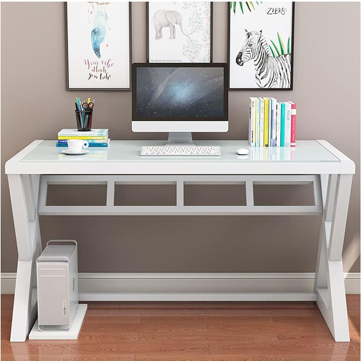 SAMERY Computer Desk & Gaming Desk, Home Office Desks 55.1 Inch- Modern Simple Writing Study White Glass Computer Desk Space-Saving Multipurpose Workstation with Metal Frame…