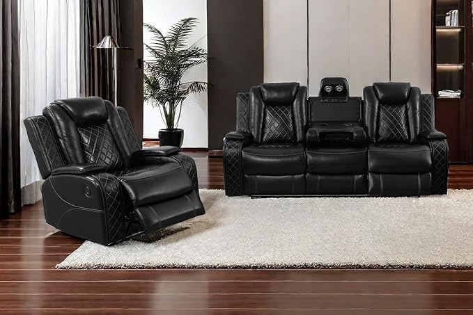 A Ainehome Living Room Furniture Set Black Leather Recliner Sofa Set Loveseat Chair Furniture Sofa Set for Living Room/Small Space/Rv/House/Office/Theater Seating (F-Black, Sofa+Chair)
