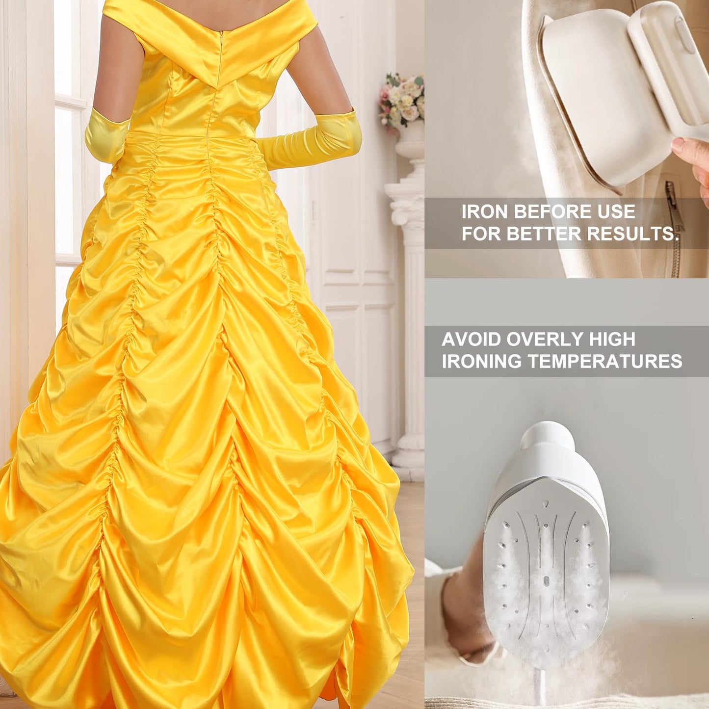 Poboola Belle Costume Women Adult Princess Costumes Halloween Cosplay Party Yellow Dress Long Dress Gown Beauty Outfit L