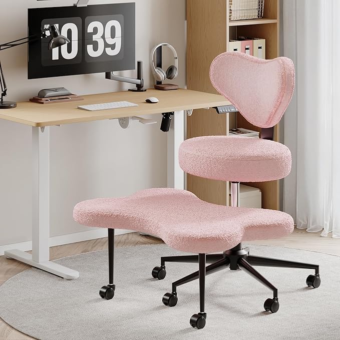 Nost & Host Cross Legged Office Chair with Wheels, 4INCH ADHD Chair for Adults, Meditation Chair, Height Adjustable Seat, Yoga Chair, Teddy Fabric, Pink