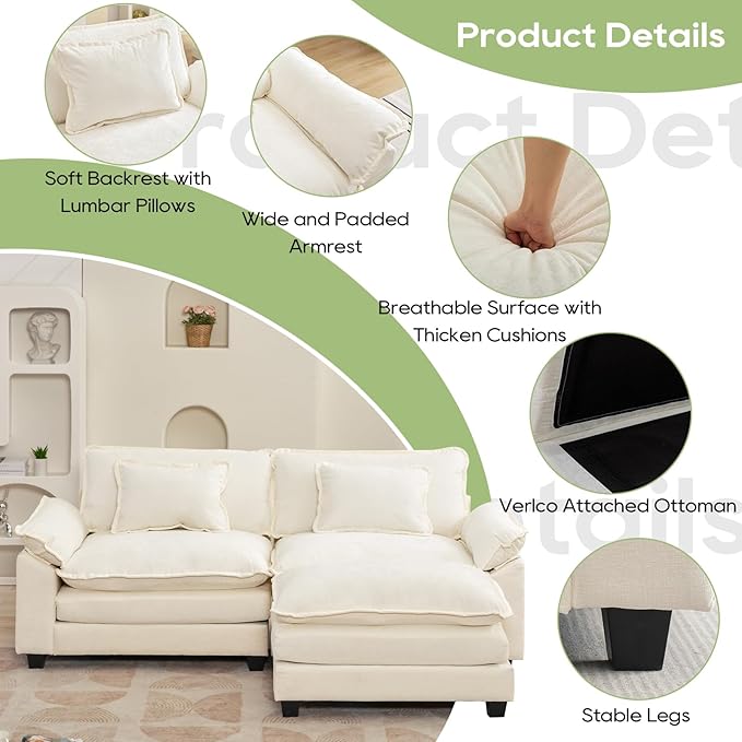 Oprisen 86" Modular Sectional Sofa, Comfy Cloud Couch Sectional Sofa with Ottoman, Chenille Sofa Sleeper Deep Seat Sofa with Throw Pillows for Living Room (Beige White, 86"- L Shape)