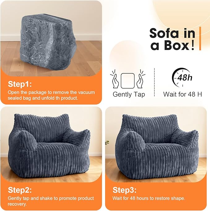 Giant Bean Bag Chair for Adults, Oversized Memory Foam Bean Bag Sofa with Armrests, Large Comfy Fluffy Single Lounges Mini Couch for Living Room, Bedroom & Dorm(Gray)