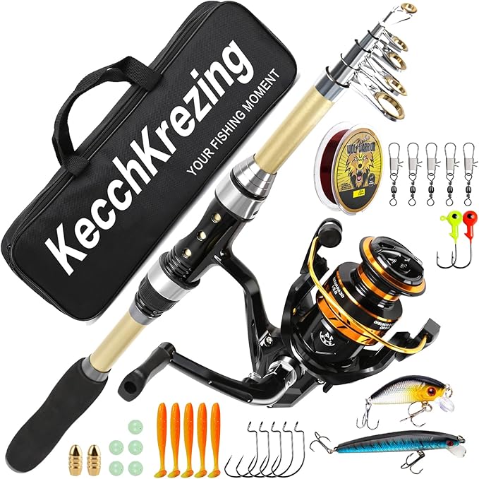 KecchKrezing Telescopic Fishing Rod and Reel Combo – Collapsible 5.9ft Fishing Pole with Spinning Reel & Carry Bag, Travel...