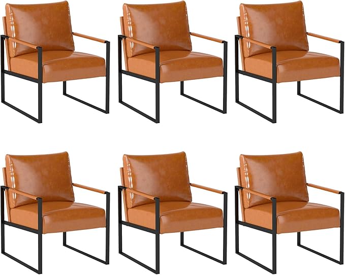 INZOY Accent Arm Chair with Metal Frame Set of 6, Comfy Living Room Chair with Plump Backrest and Cushion, Mid Century Modern Chair with Sturdy Structure, Easy to Clean, Brown