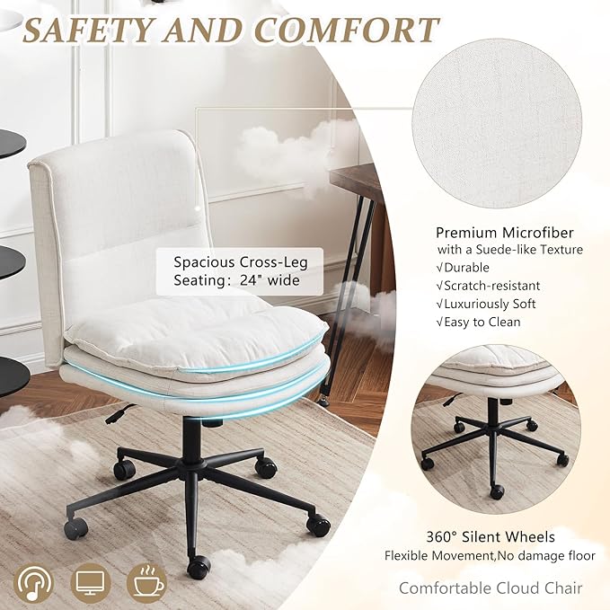 VINGLI Cloud Criss Cross Legged Chair,18" High Back Armless Home Office Desk Chair with Wheels,Wide Adjustable Comfy Padded Seat Task Computer Chair,Modern Swivel Makeup Vanity Chair,Fabric,Beige