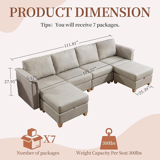 Modular Sectional Sofa,Modern U Shaped Sectional Couches for Living Room,6 Seat PU Leather Deep Seat Sectional Cloud Couch with Storage,Beige