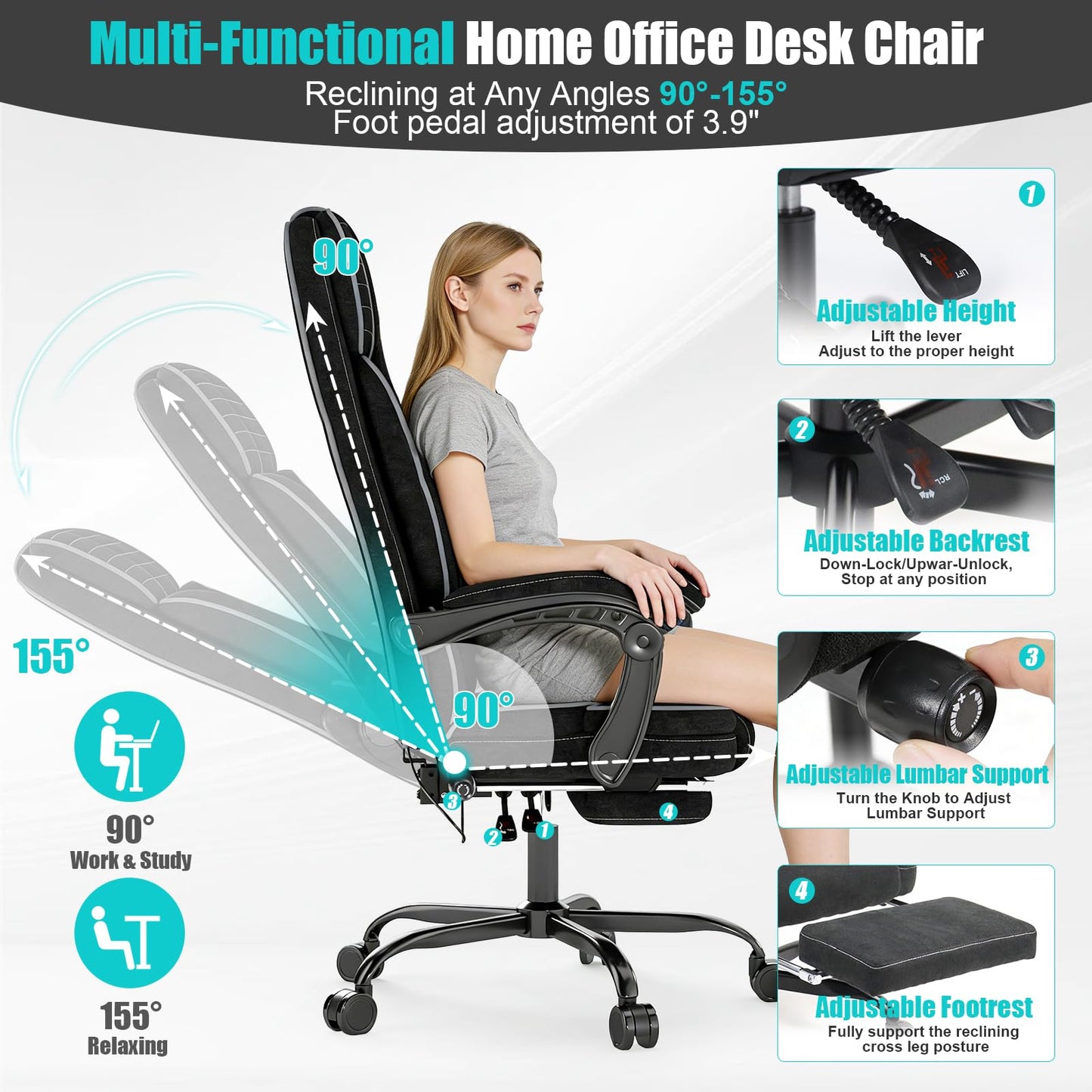 Executive Office Chair with Footrest, Ergonomic Reclining Computer Desk Chair with Adjustable Lumbar Support, 360° Swivel, Breathable Fabric, 400lbs Capacity for Home & Office