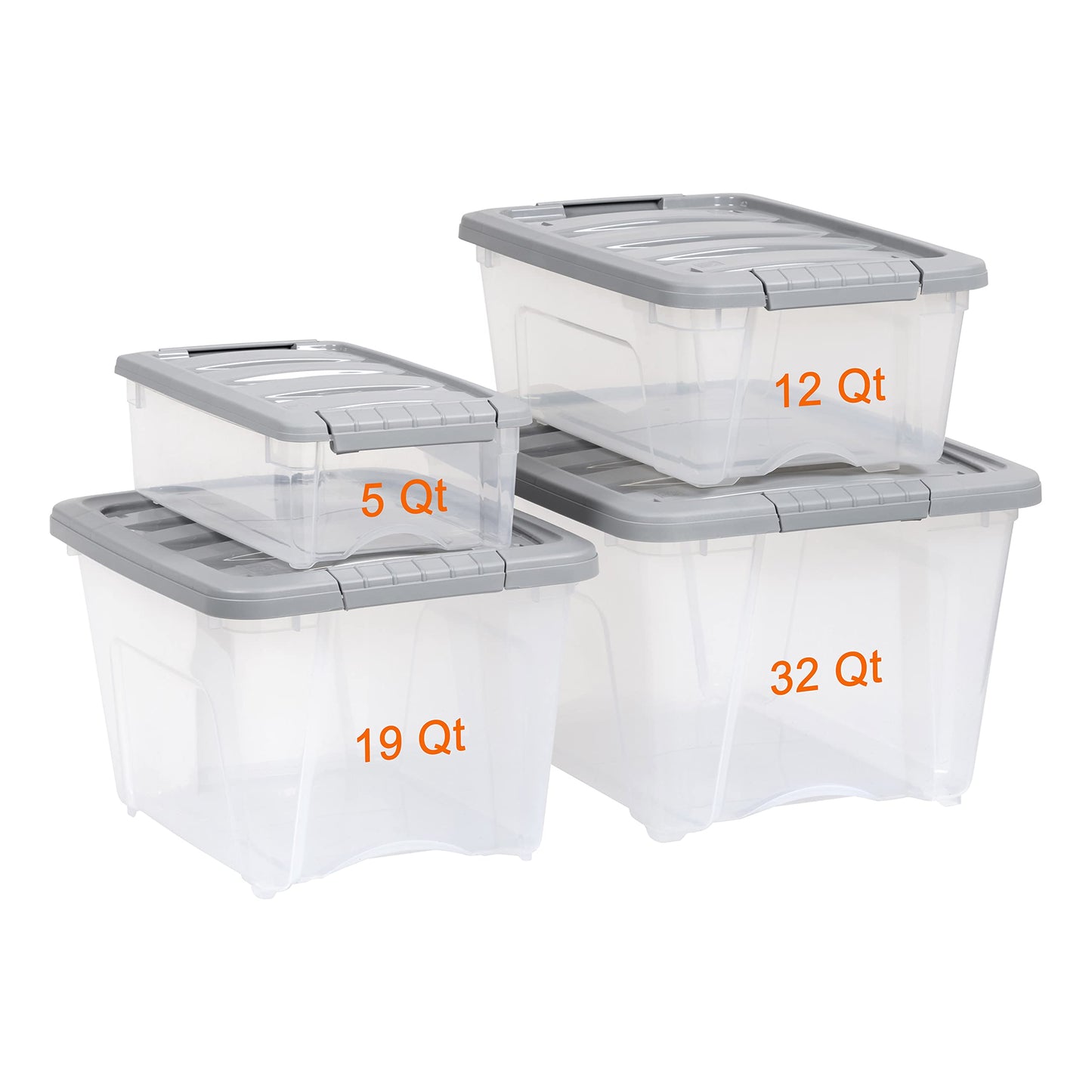 Amazon Basics Plastic Storage Containers with Secure Latching Lids, Stackable Organization Bins, Clear/Grey, 19 Quart, Set of 6
