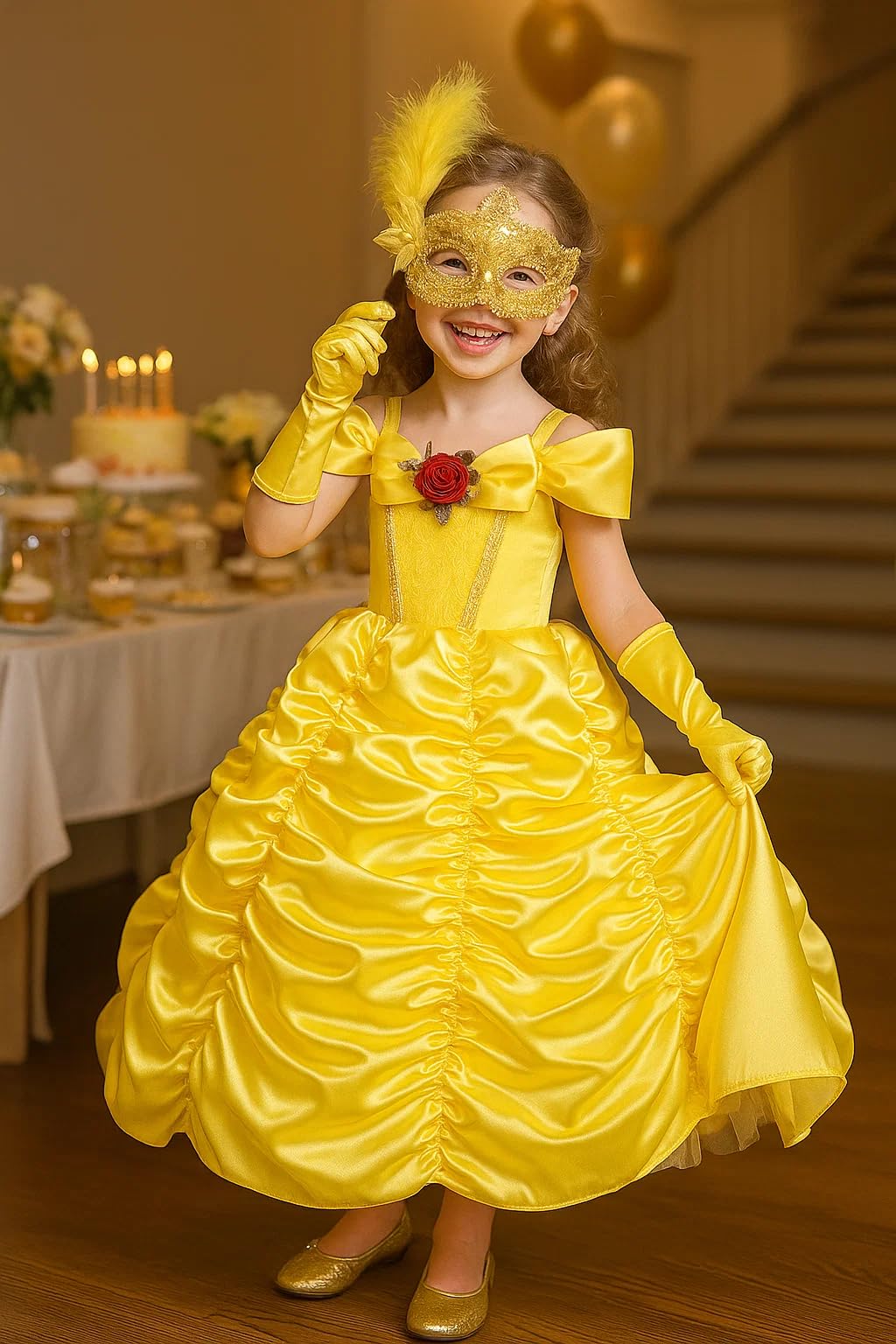 CQDY Girls Halloween Princess Belle Costume Dress Yellow Fancy Cosplay Dress Up Clothes Christmas Fairy Outfits