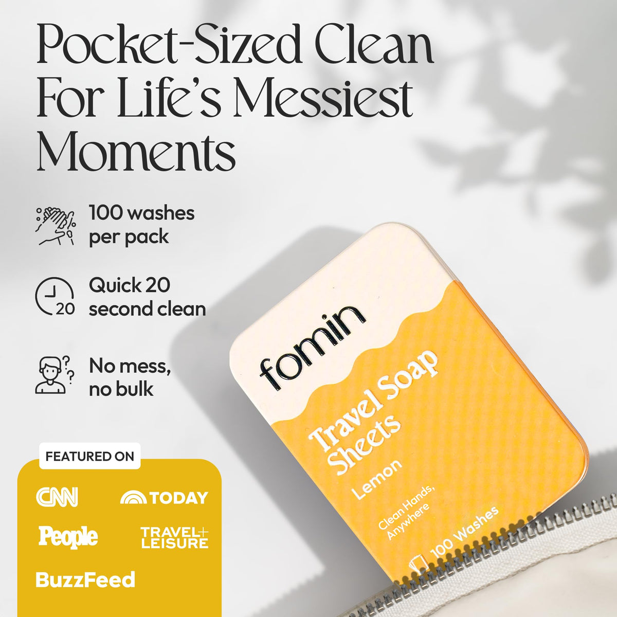 FOMIN - Antibacterial Paper Soap Sheets Tin for Traveling - (100 Sheets) Lemon Portable Travel Hand Soap Sheets, Dissolvable Min