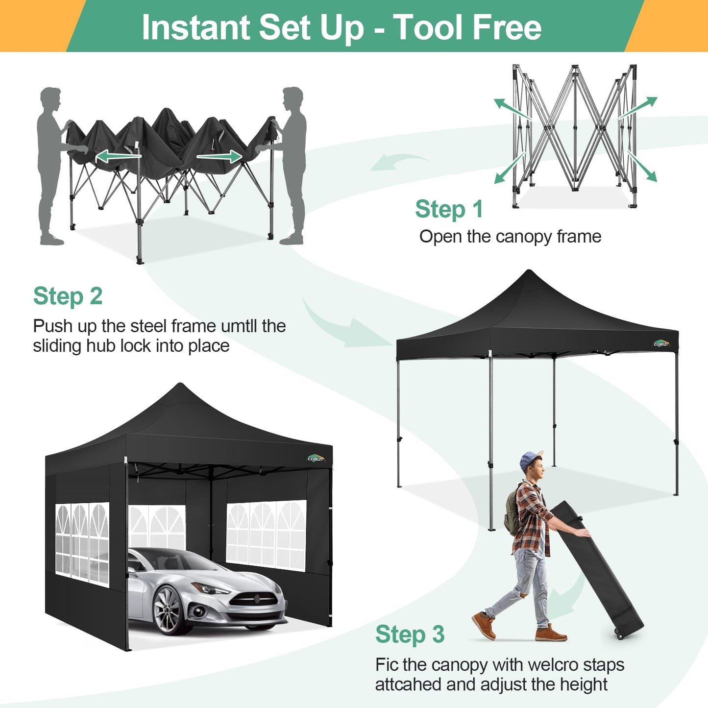 COBIZI 10x10 Pop Up Canopy Tent with 4 sidewalls Commercial Heavy Duty Canopy UPF 50+ All Weather Waterproof Outdoor Canopy Wedding Tents for Parties Gazebo with Roller Bag, Black (Windproof Upgraded)