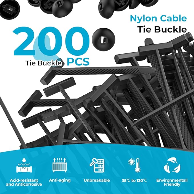 200 Pcs Universal Nylon Cable Tie Buckle, Upgrade Cable Tie Buckle Zip Tie Clips for Car, Multifunctional Nylon Zip Ties T-Type Head Zip Ties with Screw Hole for Automotive Fender, Engine Bay, Home