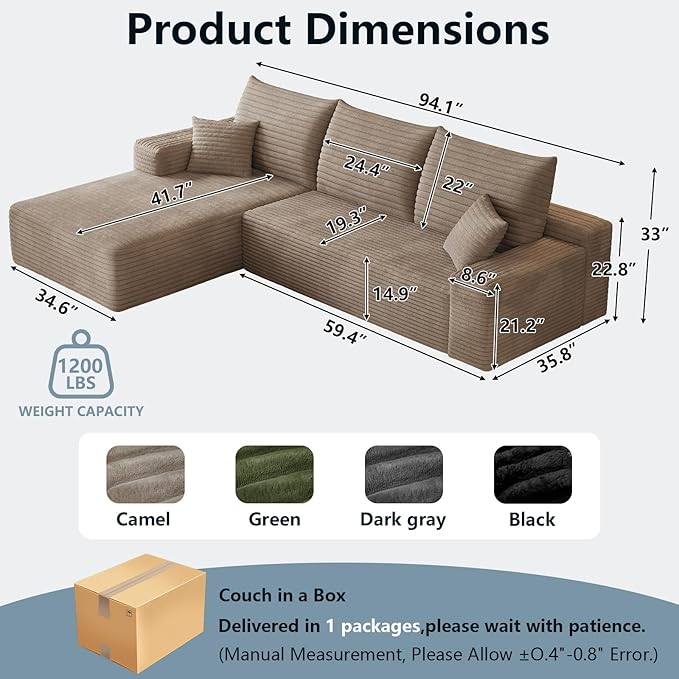 95" Cloud Sectional Couch with L-Shape Chaise, Modern Corduroy Boneless Couch for Living Room,Memory Foam Sofa with Deep Seat,No Assembly Required (Camel,Left-Facing Chaise)