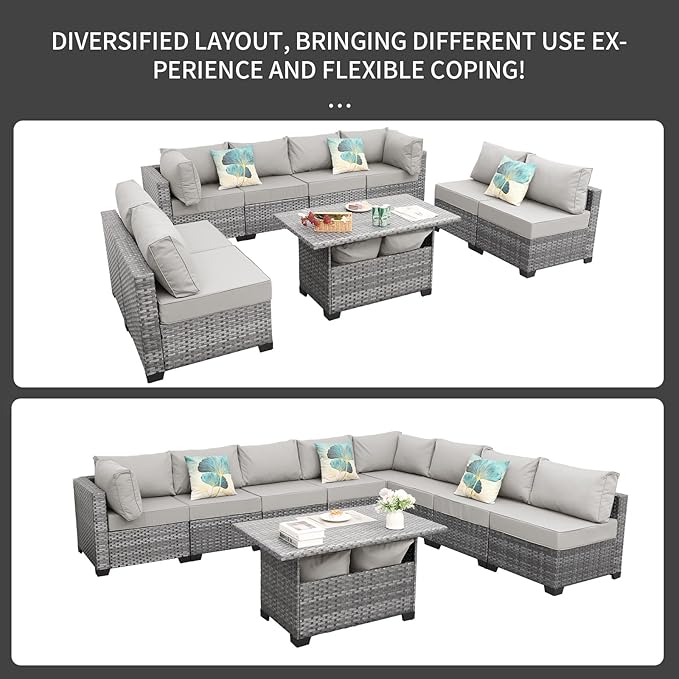 Rattaner 9-Piece Outdoor Sectional Wicker Furniture Set Patio Furniture Conversation Couch Set Large-Size Storage Table with Thicken(5") Anti-Slip Light Grey Cushions Cover