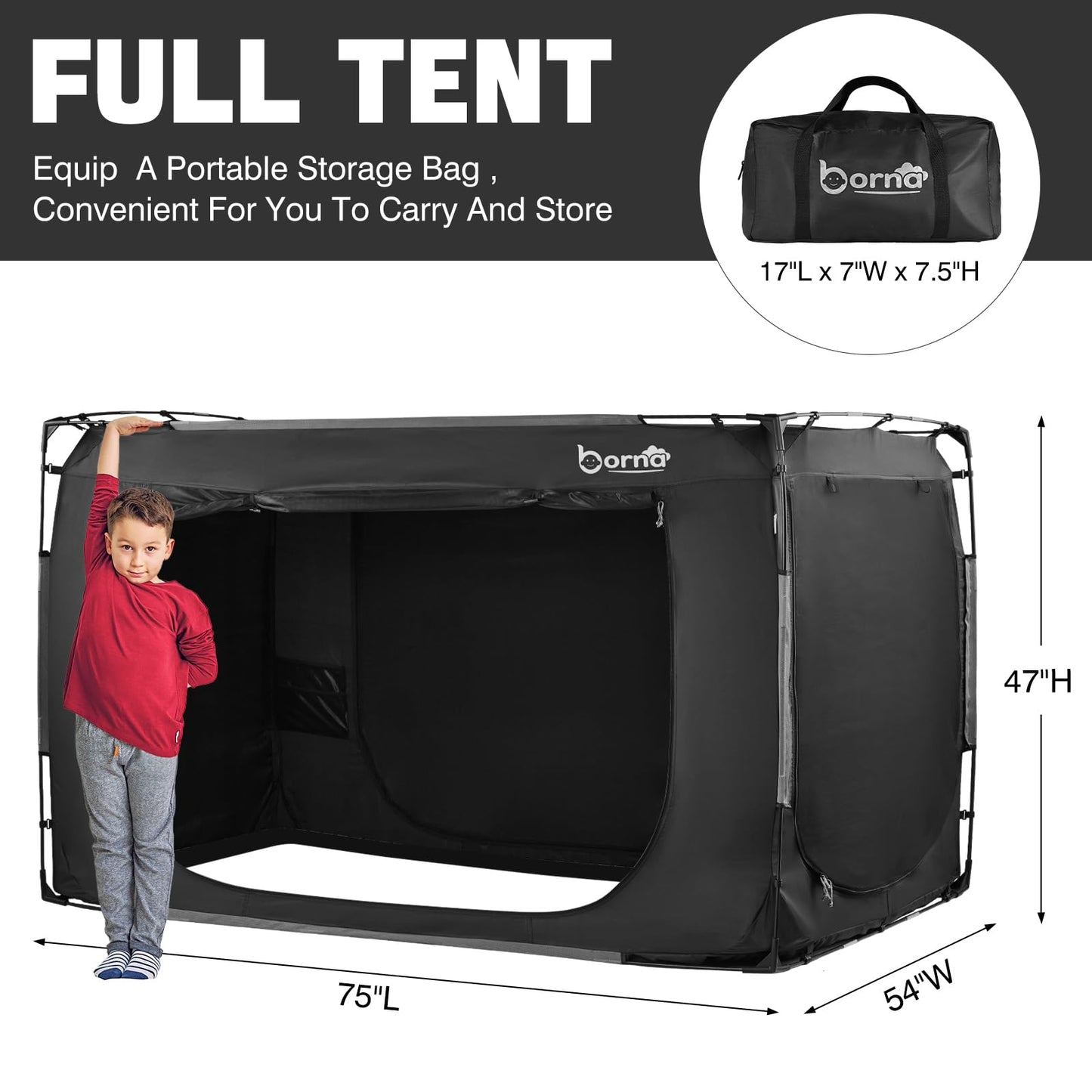 Borna Bed Tent Bed Canopy Full Size, Portable Sleeping Tents Dream Tents Indoor for Kids and Adult, Breathable Privacy Space on Bed with Three Doors (Mattress Not Included)
