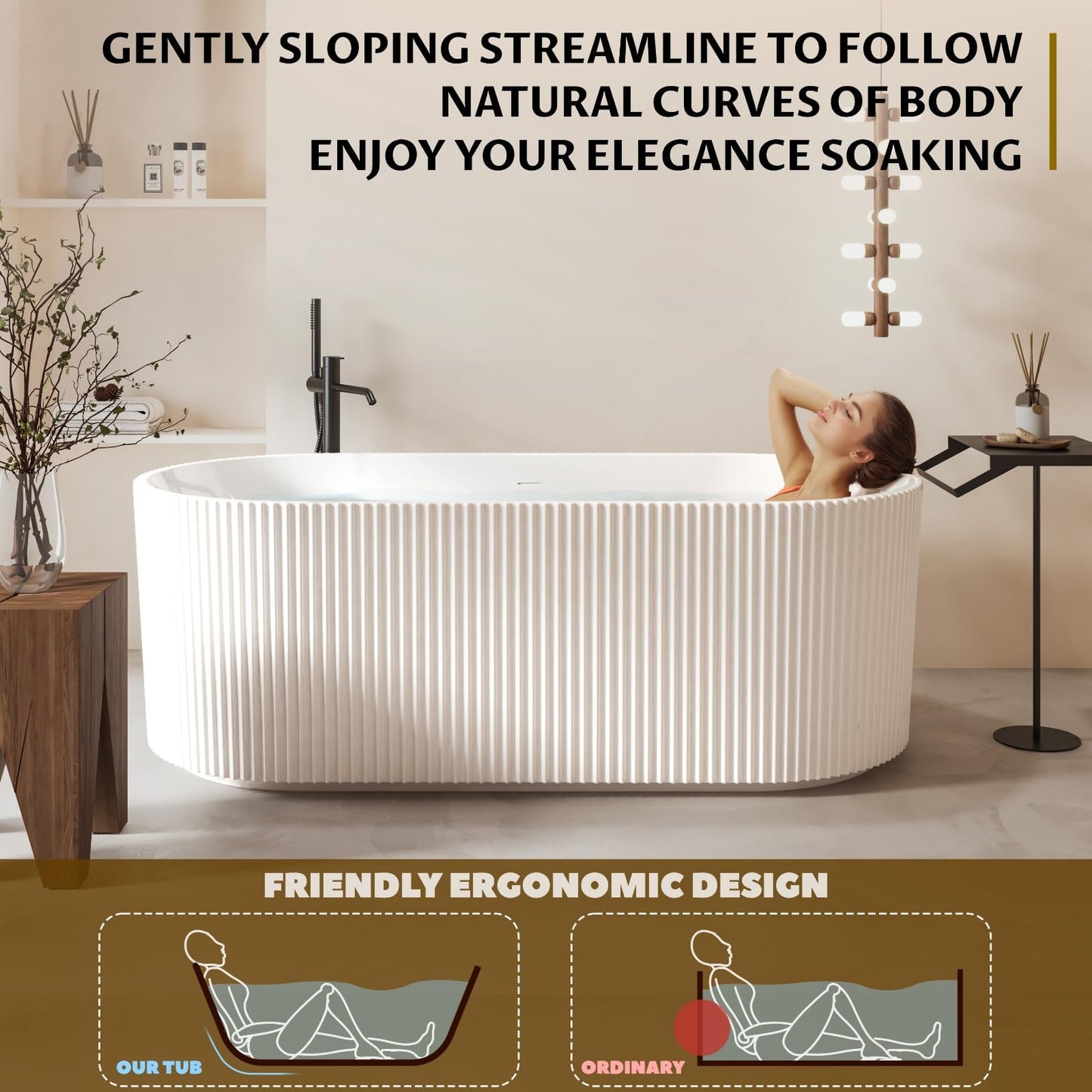 67 Inch Acrylic Freestanding Bathtub, Deep Soaking Tub with Non-Slip Base, cUPC Certified Free Standing Tub, Chrome Drain Bath Tub, Modern Tub for Bathrooms, White