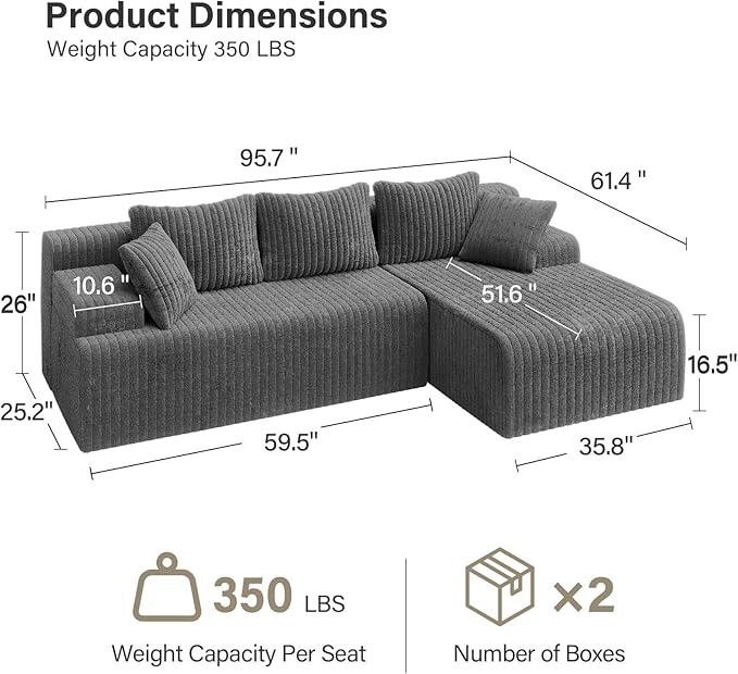 LAUSAINT HOME 96" Modular Sectional Sofa Couches, L-Shaped Boneless Cloud Sofa with 3 Deep Seat, 5 Cushiones Oversized Chaise for Living Room, Bedroom, Plush Corduroy Fabric (Right, Grey)