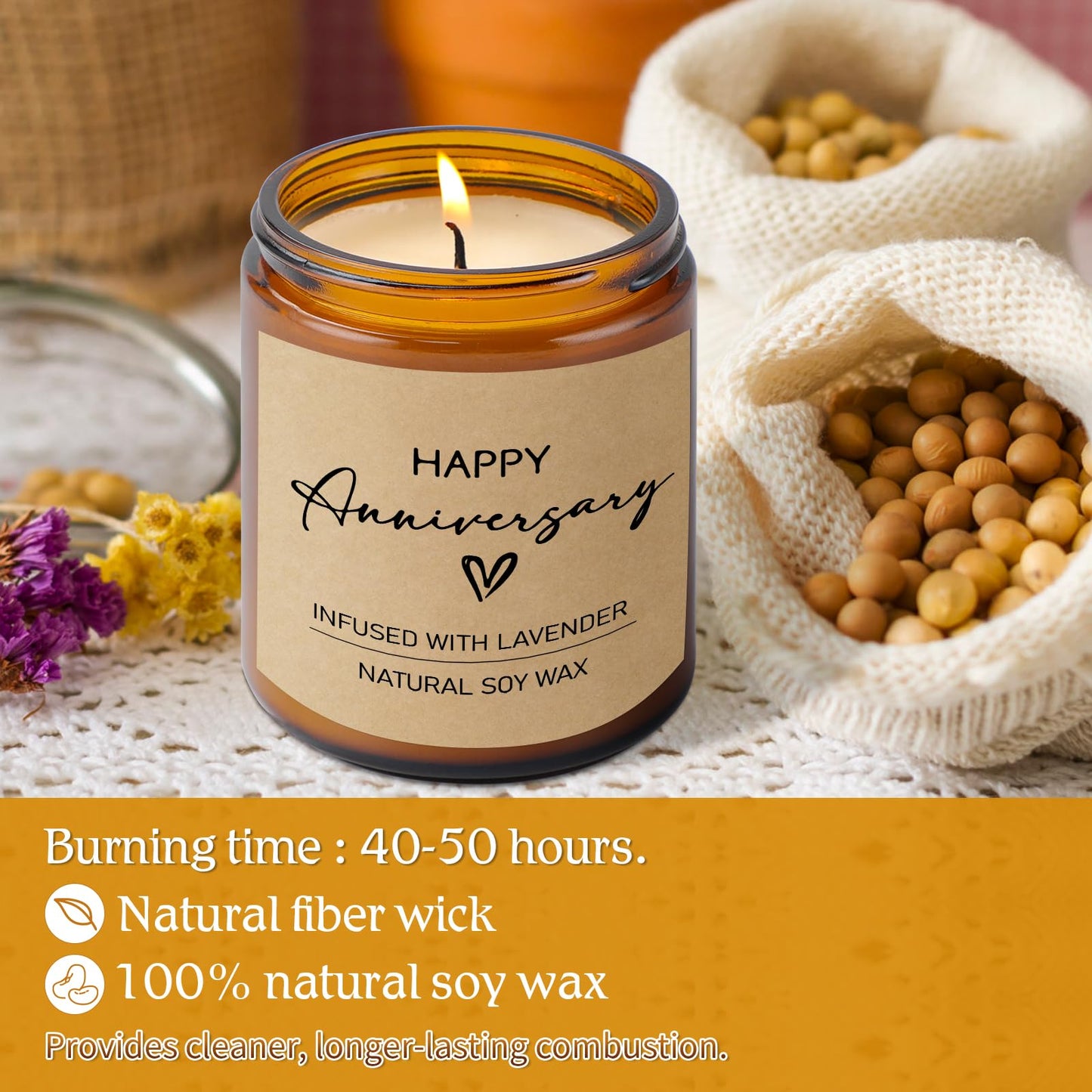 Happy Anniversary Candle Gifts, Gift for Couple Anniversary, Romantic Gifts for Her, Him, Girlfriend, Boyfriend, Wife, Husband, 7oz Soy Wax Lavender Scented Candle, Aniversario Gift for Her