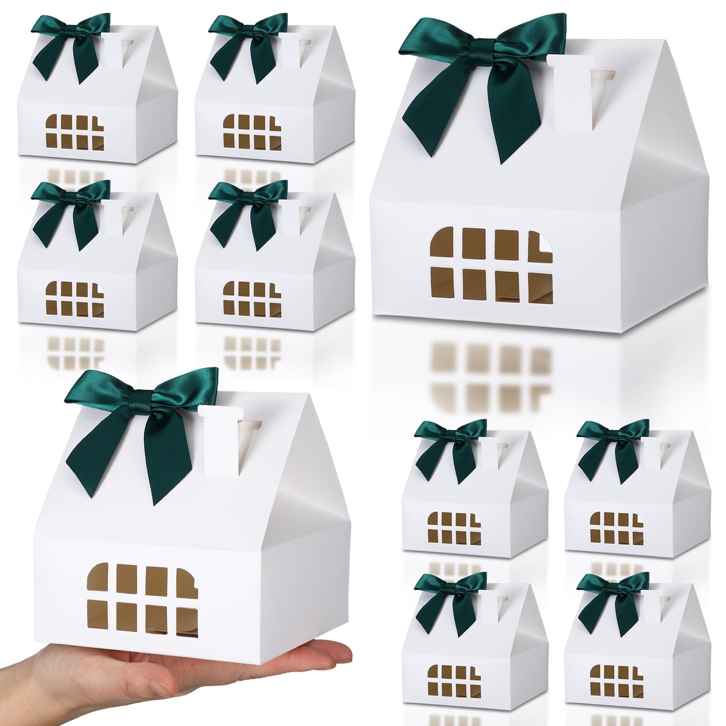 Cholemy 36 Pcs House Shaped Gift Boxes with Bow, 4.9 x 4.9 x 4.9 Inch House Shaped Paper Candy Treat Dessert Biscuit Cookie Box Gift Wrap for Wedding Birthday Party Christmas(White, Green)