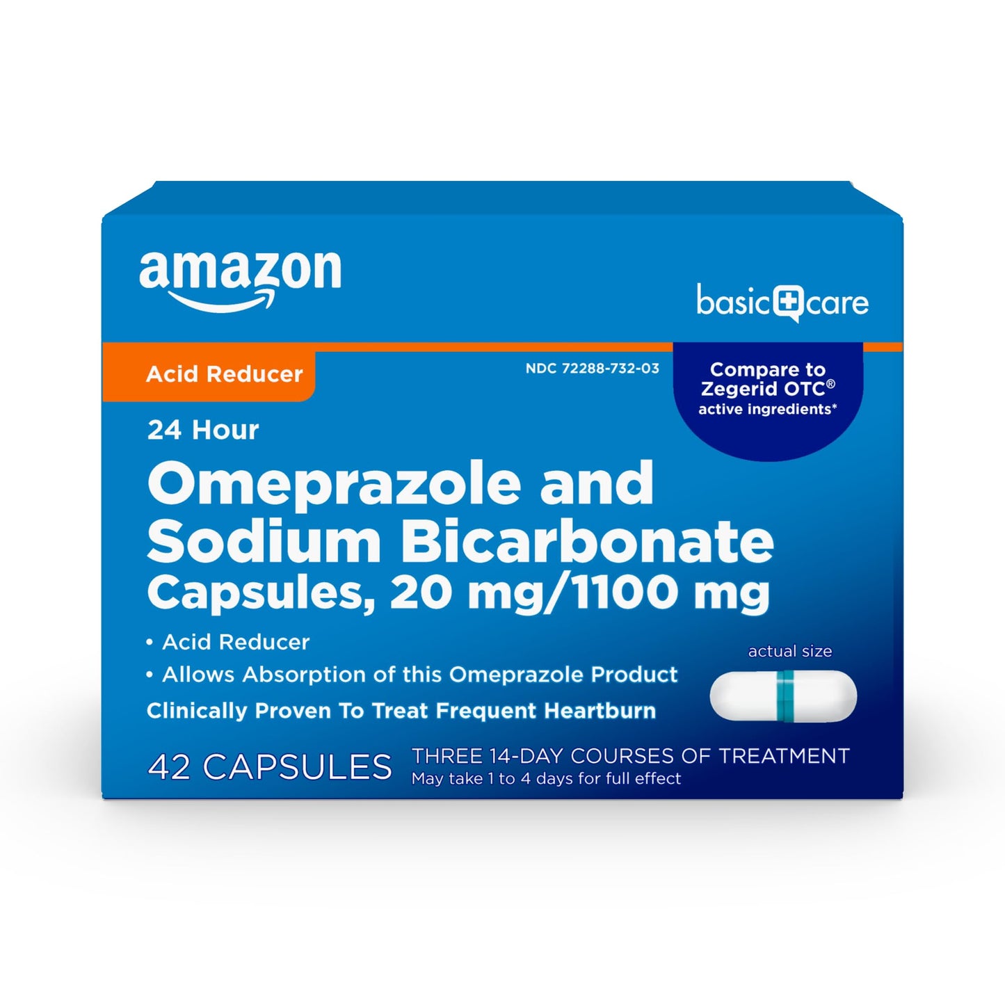 Amazon Basic Care Omeprazole and Sodium Bicarbonate Capsules, 20 mg/1100 mg, 24-Hour Frequent Heartburn Medicine, Acid Reducer Pills, 42 Count