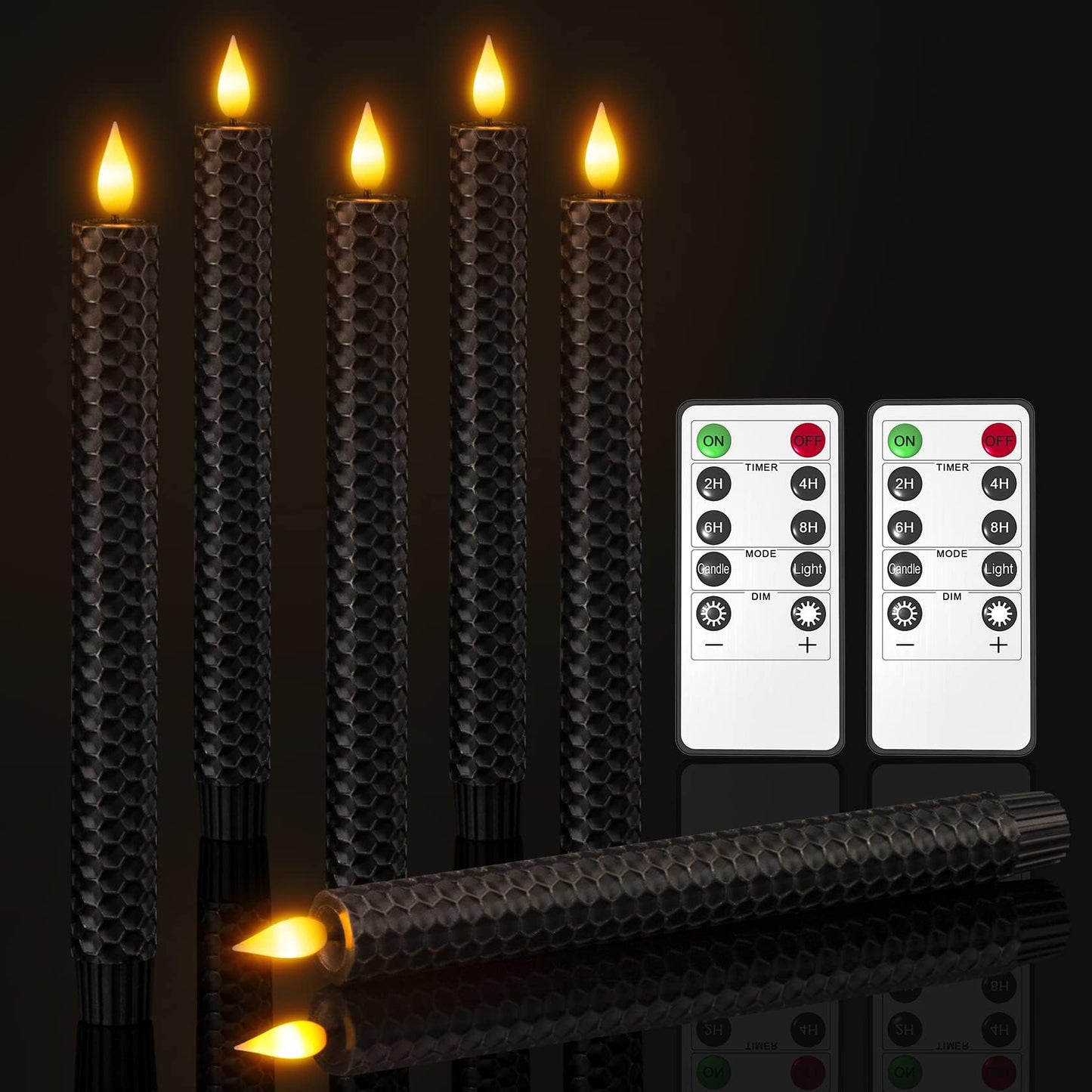 SoulBay Black Flameless Taper Candles, 9.7" Battery Operated Real Wax Honeycomb LED Window Candle Sticks with Remote & Timer, Flickering Realistic Bright Lights for Table Halloween Decorations, 6PCS