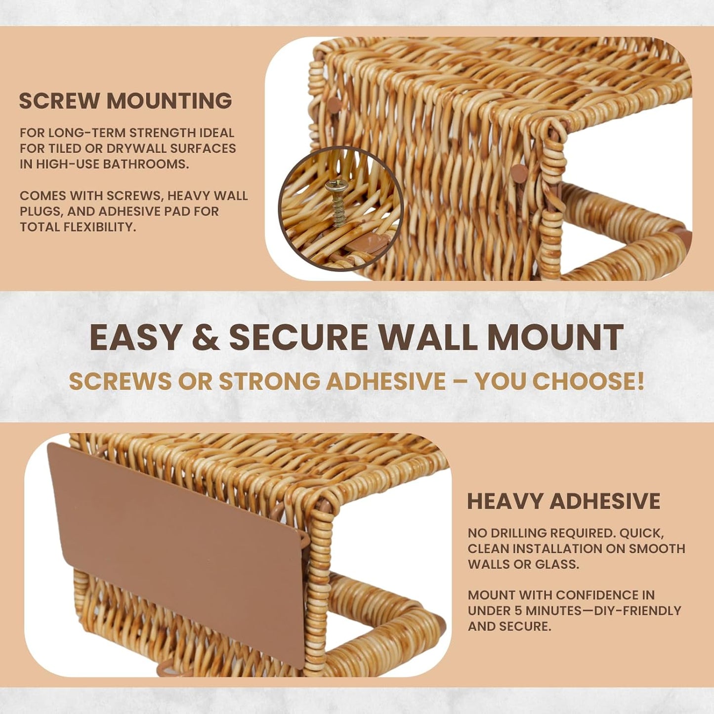 Synthetic Rattan Toilet Paper Holder with Shelf – Fits Mega Rolls, Boho Bathroom Decor Roll Holder for RV, Washroom, Kitchen – Water-Resistant Woven Tissue Dispenser (Natural, Adhesive Mount)
