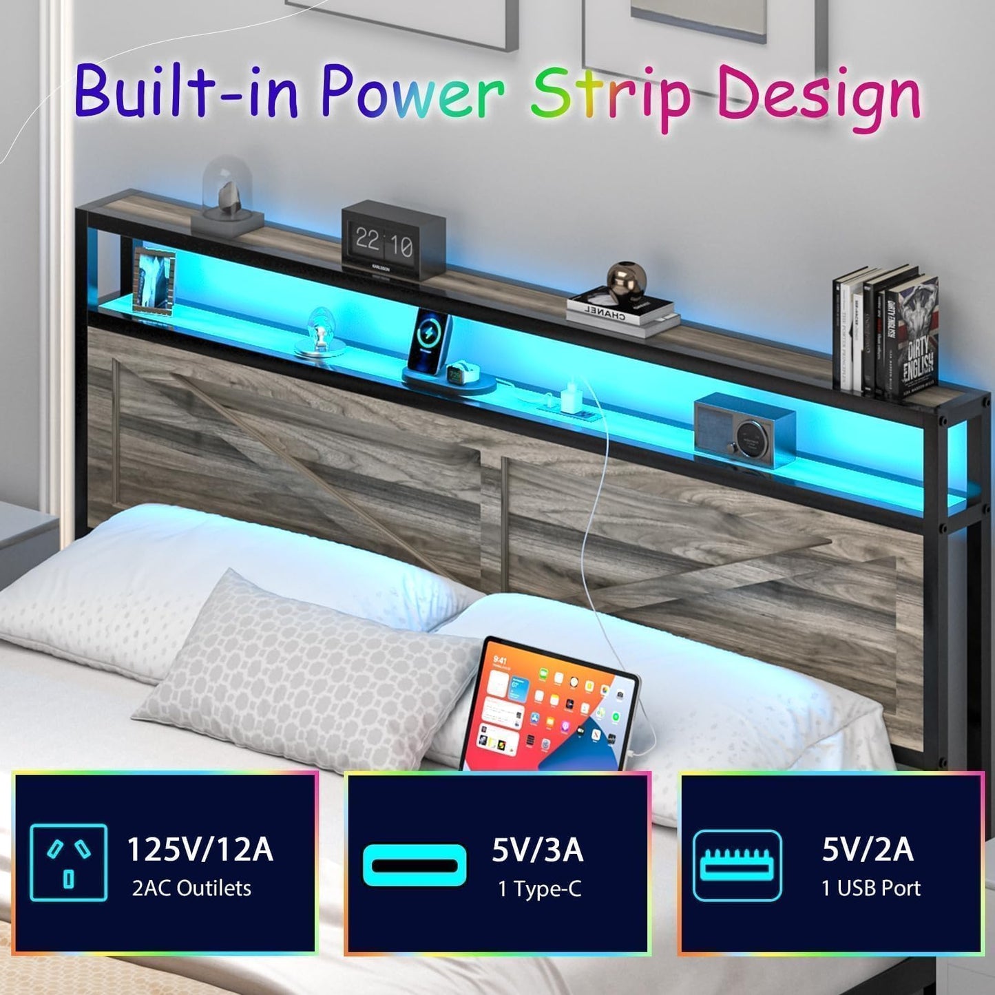 Queen Bed Frame with Headboard, Queen Bed Frames with Outlets and LED Lights, Rustic Bed Frame with Storage Headboard, Farmhouse Barn Door Design, Noise Free, No Box Spring Needed, Wash Grey