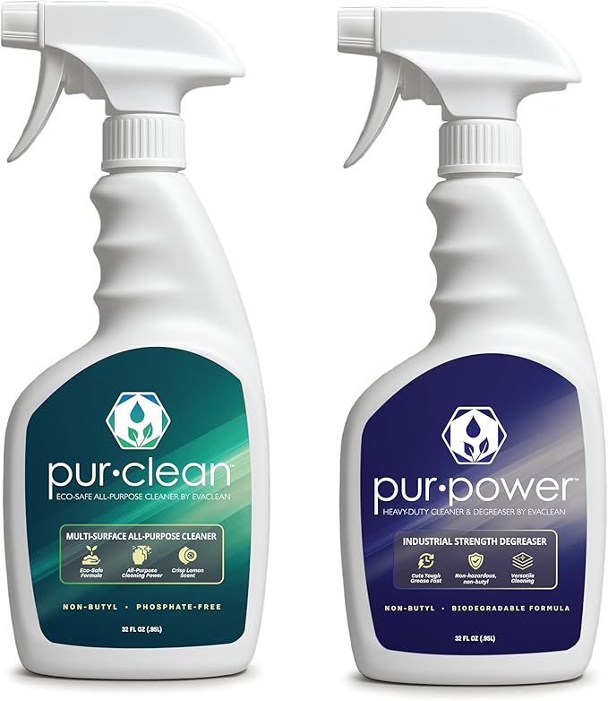 EvaClean PurClean & PurPower – Ready to Use, 1 All Purpose Cleaner & 1 Heavy Duty Degreaser, 32 FL Oz. Each, Biodegradable, Non-Butyl, Multi-Surface Cleaning & Degreasing for Facilities & Industry