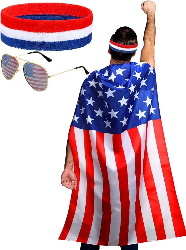 Frienda American Flag Costume Cape, Retro 80's USA Sunglasses and Flag Headband for 4th of July Red White and Blue Costumes