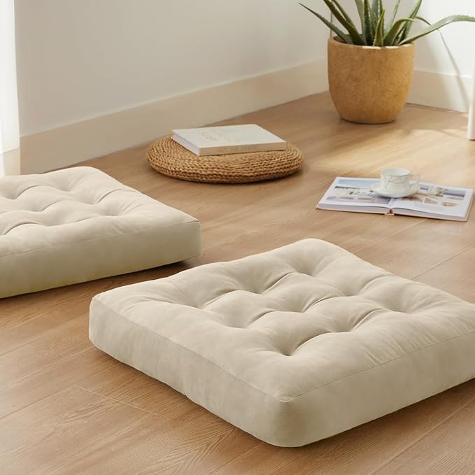 SM-XLHN Meditation Floor Pillow Set of 2, Square Large Pillows Seating for Adults, Meditation Cushion Pillow,Tufted Corduroy Cushion for Tatami Living Room or Yoga, Beige, 22x22 Inch