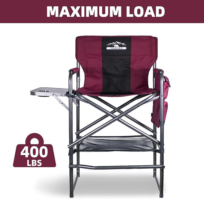 Tisetrail Tall Directors Chair 30" Seat Height, Bar Height Folding Chair with Side Table, Foldable Camping Chair with Side Pocket for Makeup Artist, Sports Event, Supports 400LBS - Wine Red/Black