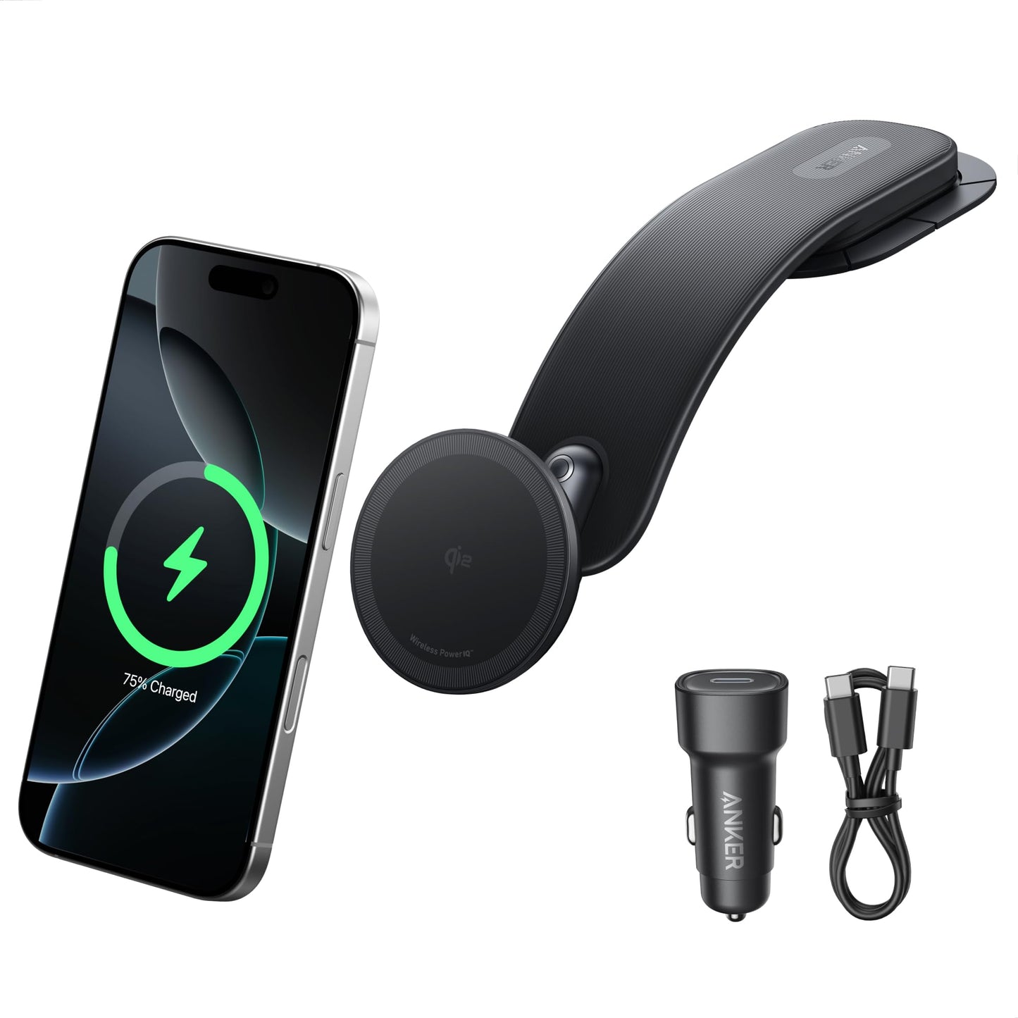 Anker Nano Magnetic Wireless Car Charger, 360 Adjustable Mount Car Charger With Detachable Pad, 15W Qi2 Certified With Alloy Bra