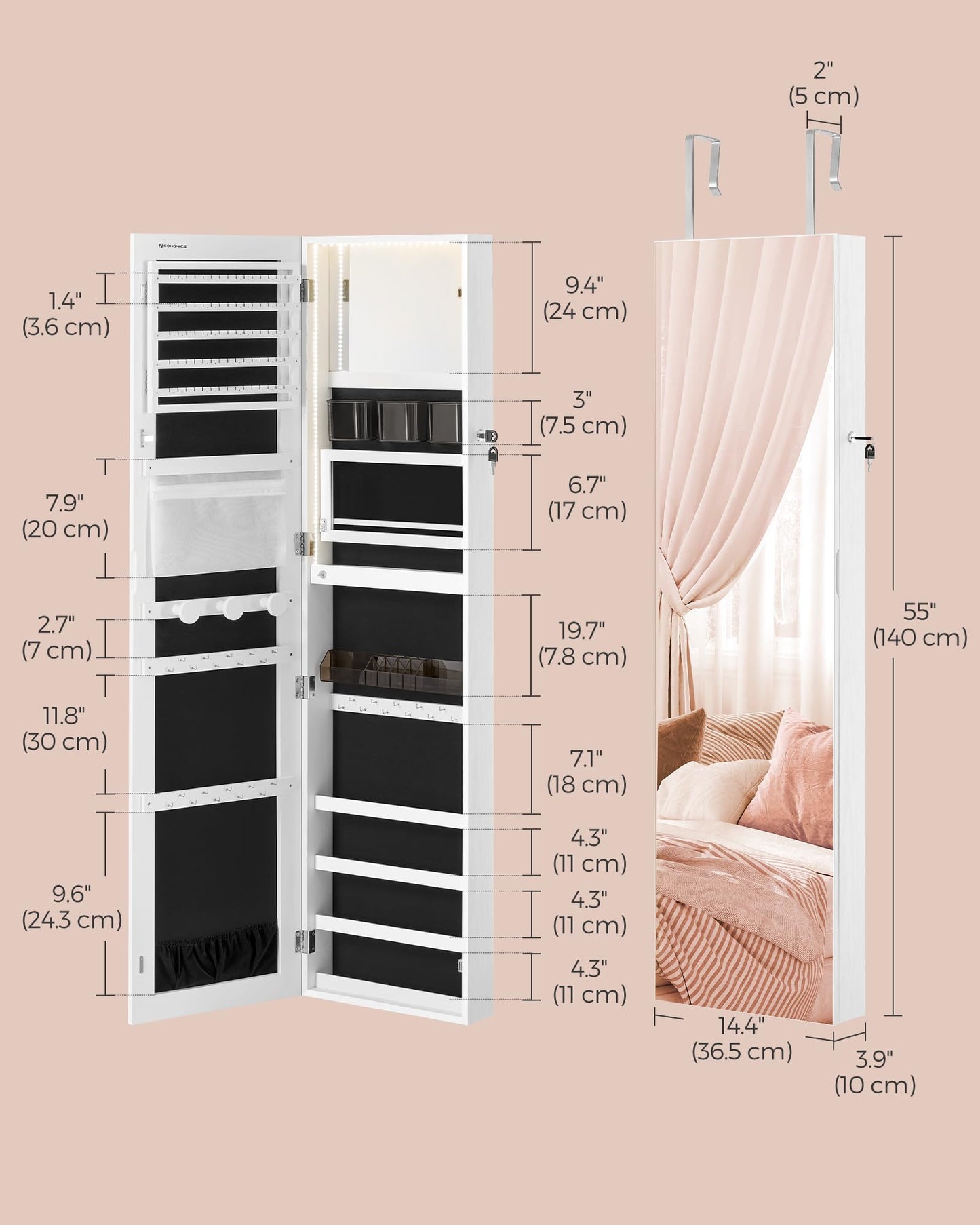 SONGMICS 55 Inches Tall Spacious Jewelry Cabinet, Jewelry Armoire with Light-Up Interior Mirror, Wall or Door Mounted Jewelry Storage Organizer, Lockable, Gift Idea, Cloud White UJJC032W01