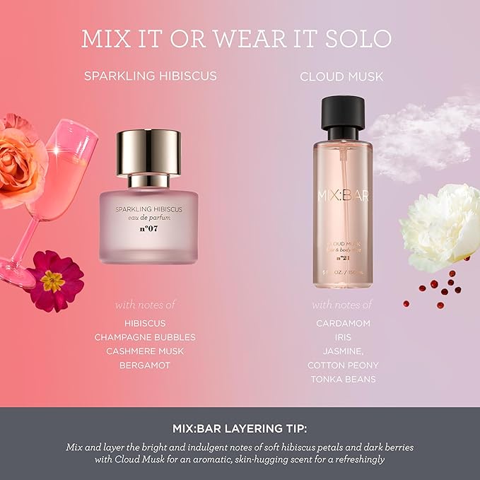 MIX:BAR Perfume for Women - Sparkling Hibiscus Fragrance - Eau de Parfum Spray - Notes of Bergamot,Hibiscus, Champagne Bubbles, Cashmere Musk, Fruity Scent, 1.7oz