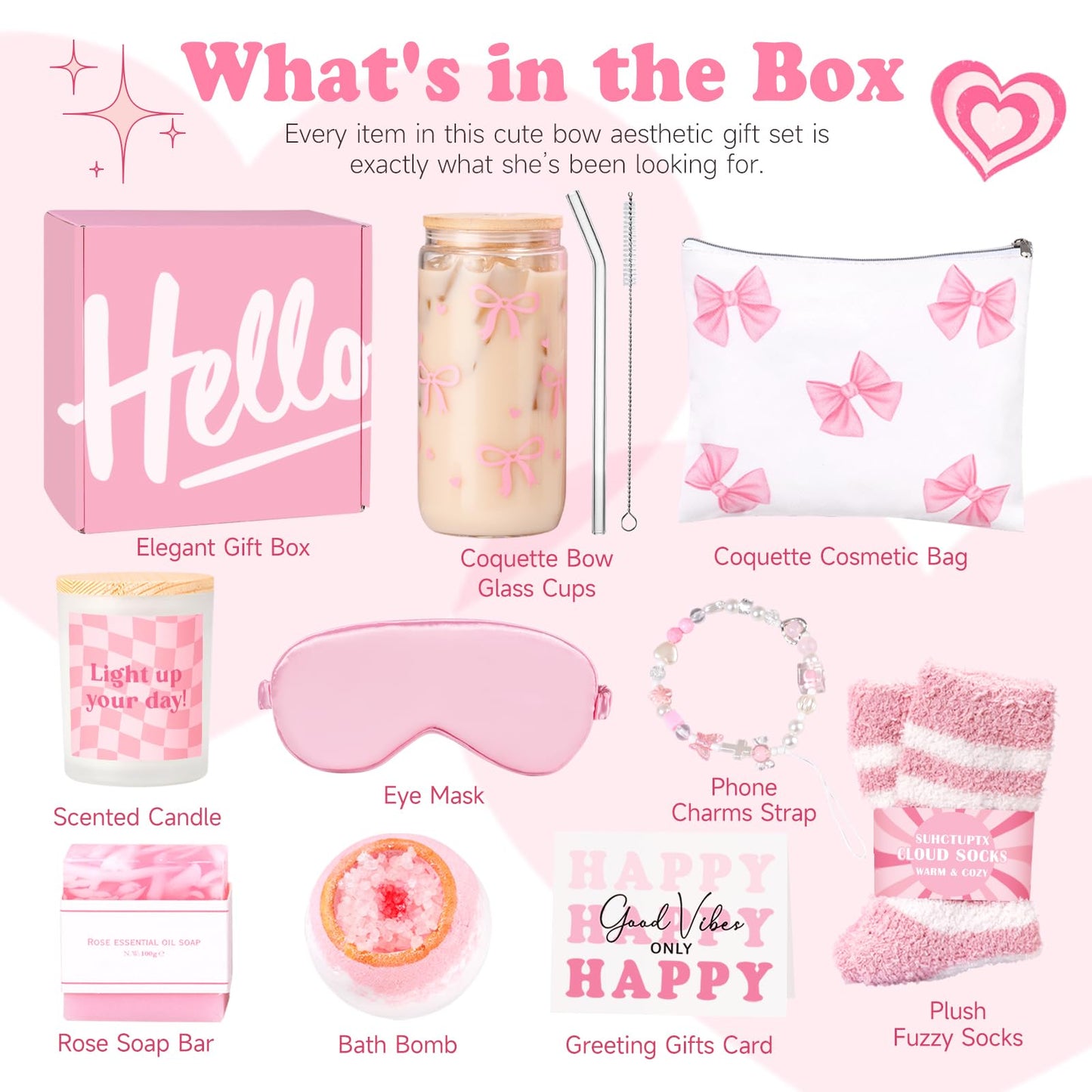 Gift Baskets for Women, 9pcs Unique Happy Birthday Gifts for Women, Best Christmas Ideas Box w/Coquette Bow Aesthetic Cup for Her Teen Girl Sister Friend Friendship Sweet 16th 18th 21st Bday