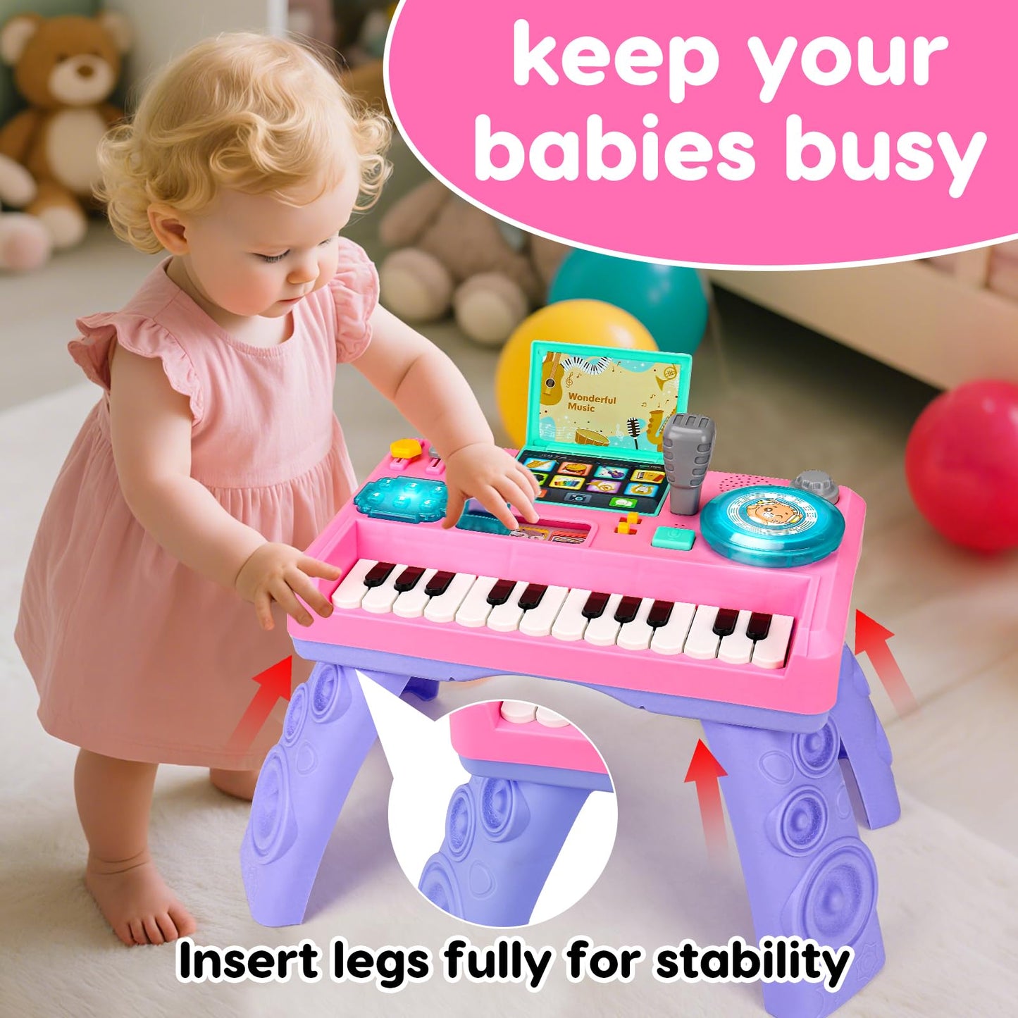 Baby DJ Table for Toddlers 1-3 with Music & Light, Musical Baby Piano Toys 6-9-12-18 Months Toddler Activity Table Music Instruments Learning Toys for 1 Year Old Girl Birthday Gifts Toddler Age 0-2