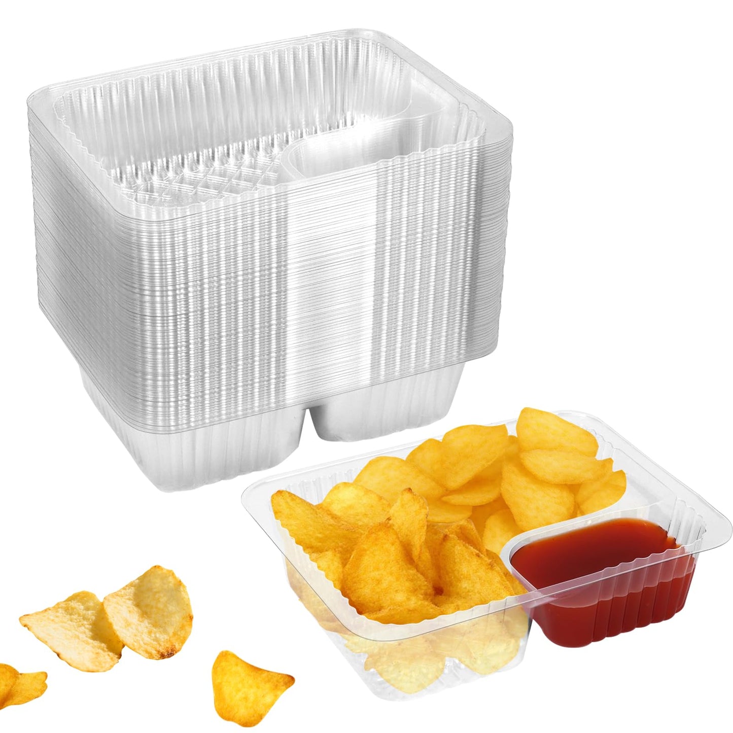 zandfelo 100 Pcs 12oz 6.5''x5'' Plastic Nacho Trays, Small Disposable Tray for Nachos & Cheese Dip, Clear Nacho Containers for Chip, 2 Compartment Movie Night Snack Trays Great for Snacks, Fair Foods