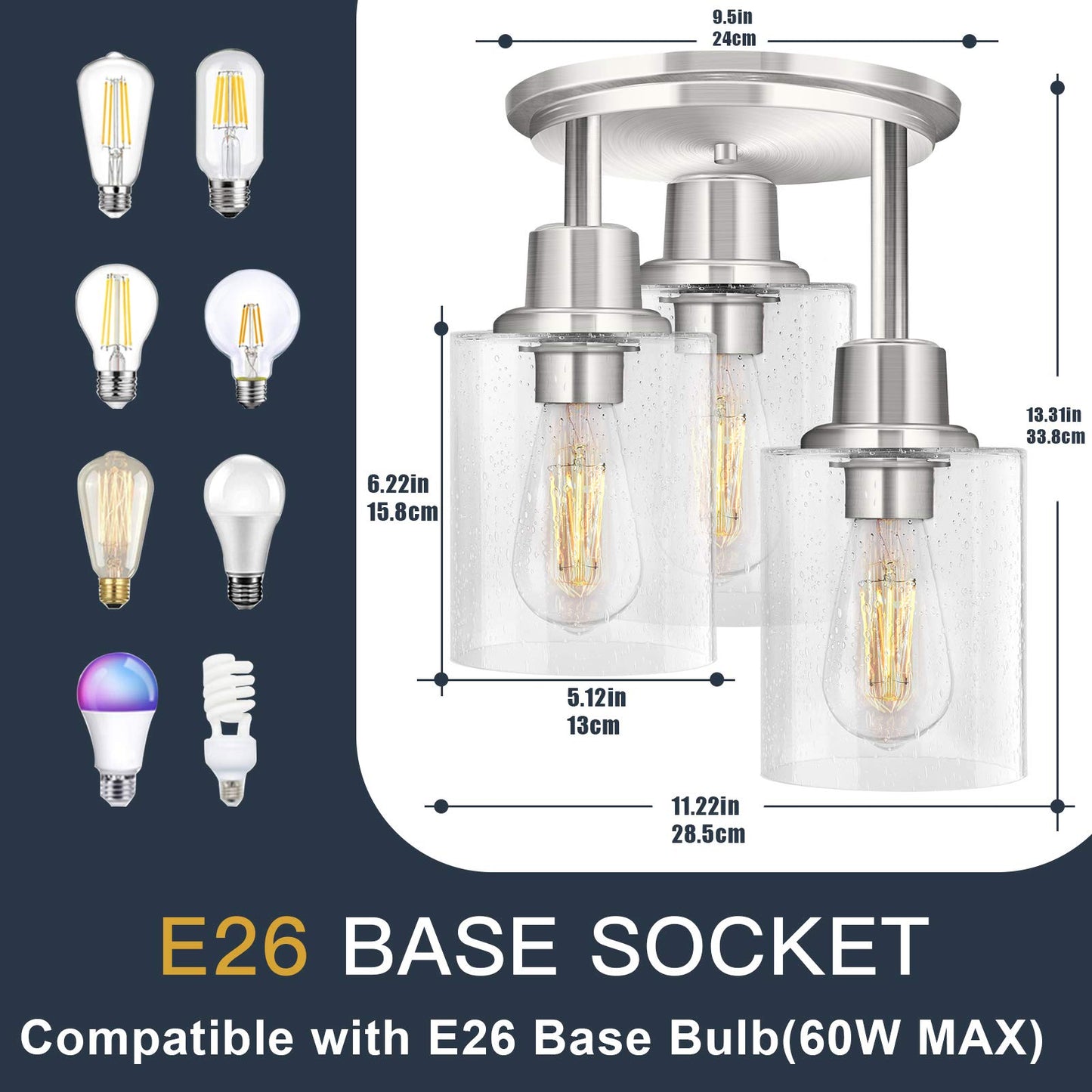Semi Flush Mount Ceiling Light, 3-Light Close to Ceiling Light Fixtures, Brushed Nickel Finish Kitchen Light Fixture with Clear Seeded Glass Shade Patriot Lighting for Stairs Porch Hallway Entryway