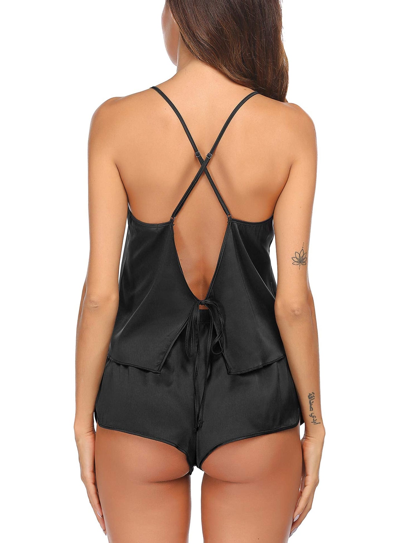 Ekouaer Silk Pajamas Set for Women Satin Backless Lingerie Pjs Cami Top and Shorts Nightwear Black