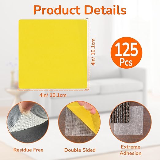 Carpet Tile Tape Double Sided 4" x 4", 125 Tabs Per Pack, Adhesive Connectors for Hardwood Floors, Stair Treads, Tile Floors