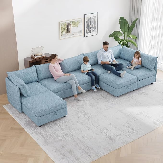 Oversized Modular 8 Seater Sofa with Removable Covers and Storage, Convertible U, L-Shaped and Sleeper Sectional, Modern Sectional Couch with Ottoman Chaise for Living Room, Bedroom, Apartment, Blue